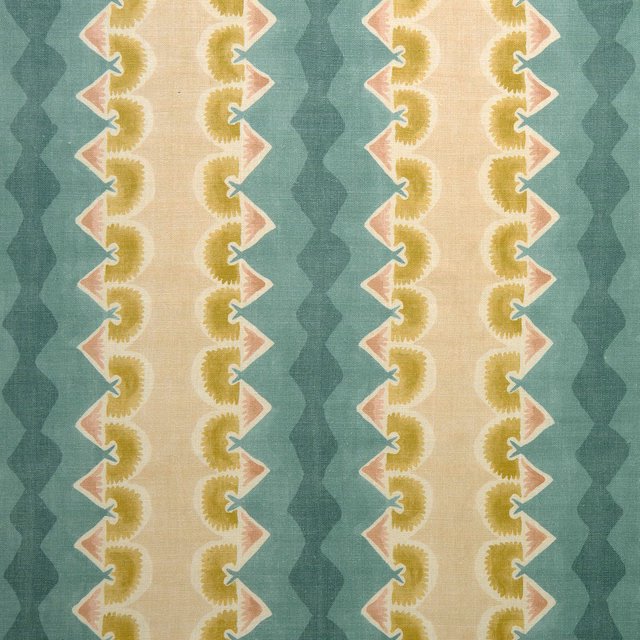 Teal and cream zigzag stripe fabric with ochre and pink accents