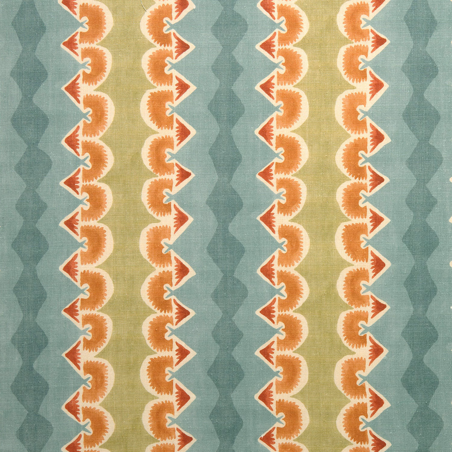 Striped teal fabric with brick-red and cream zigzag vertical motifs
