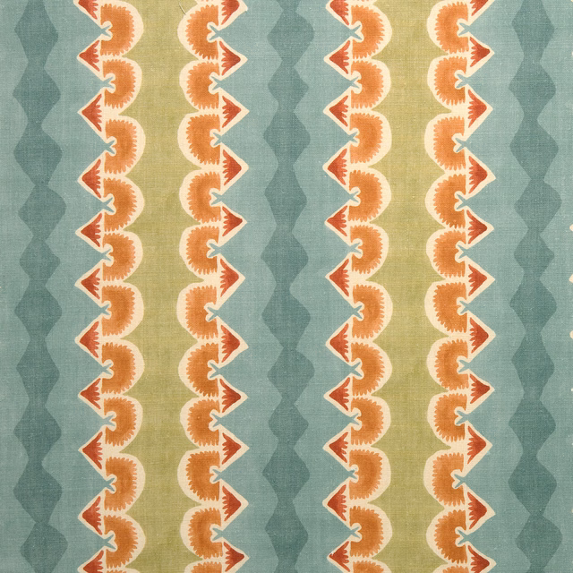 Striped teal fabric with brick-red and cream zigzag vertical motifs