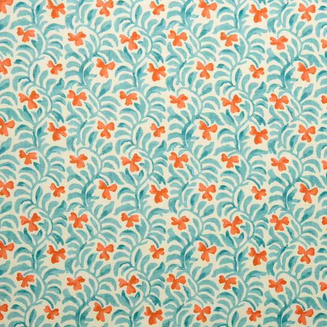 Cream cushion fabric with coral floral motifs and turquoise leaf repeat