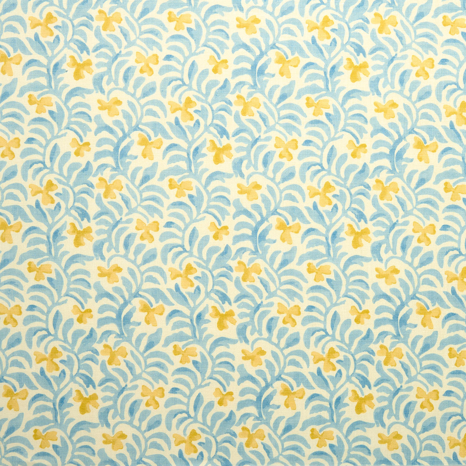 Pale lemon floral fabric with aqua leaves and small yellow blossoms
