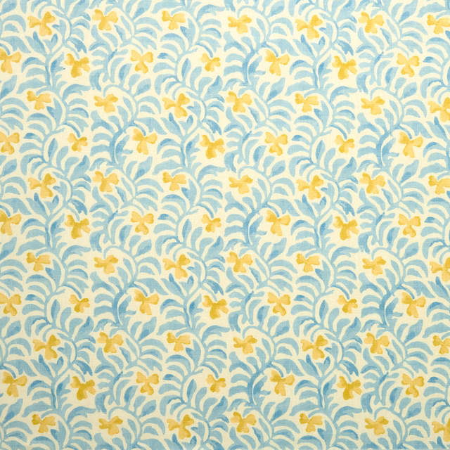 Pale lemon floral fabric with aqua leaves and small yellow blossoms