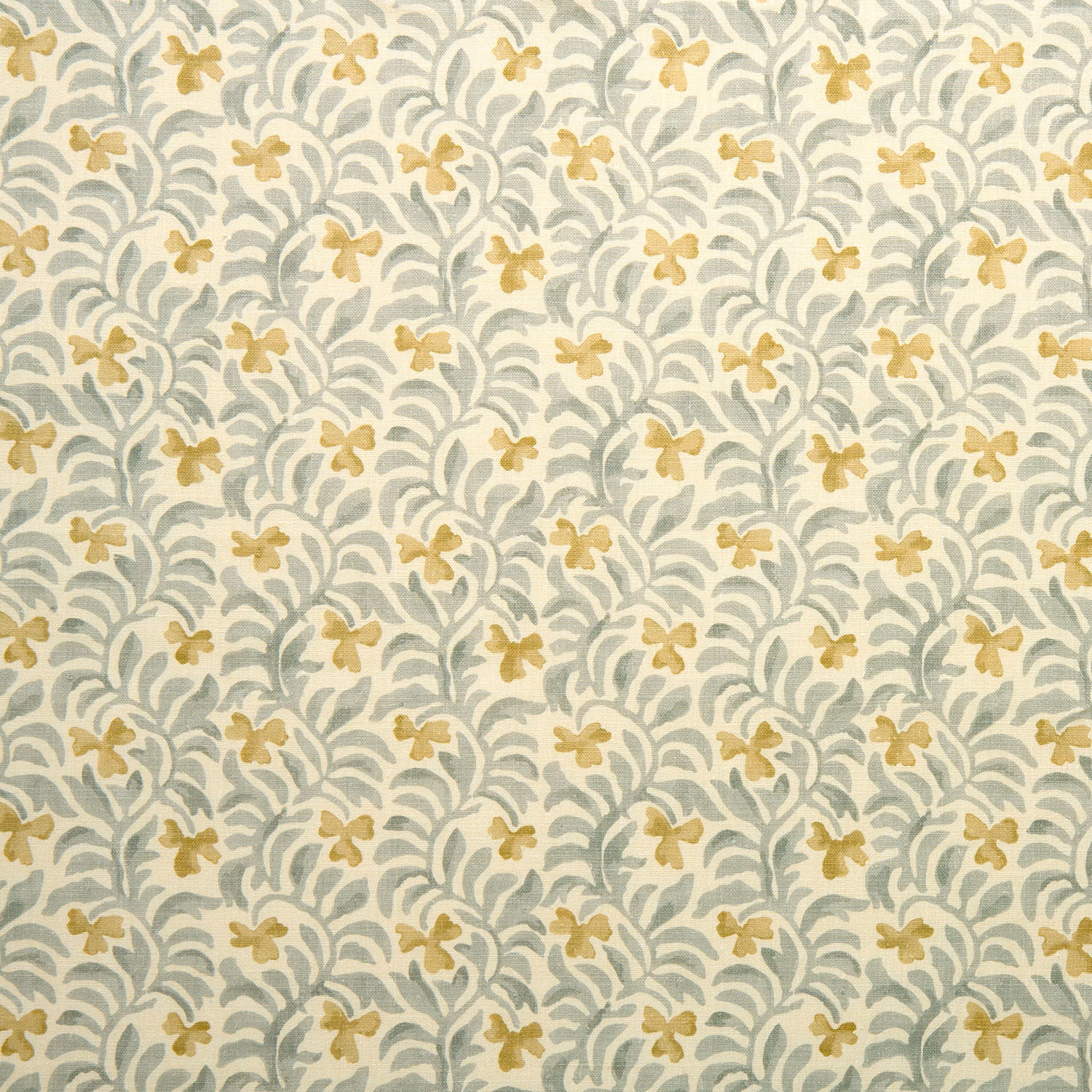 Cream fabric swatch with sage-grey trailing leaves and small mustard-gold floral motifs