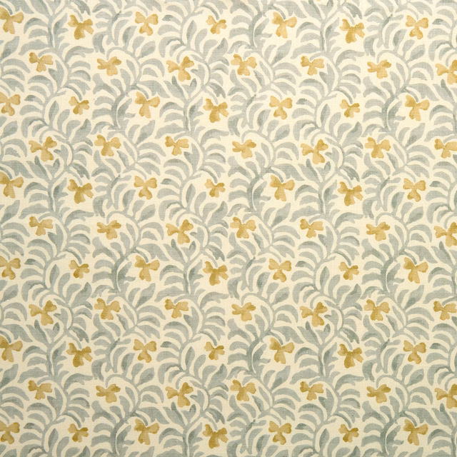 Cream fabric swatch with sage-grey trailing leaves and small mustard-gold floral motifs