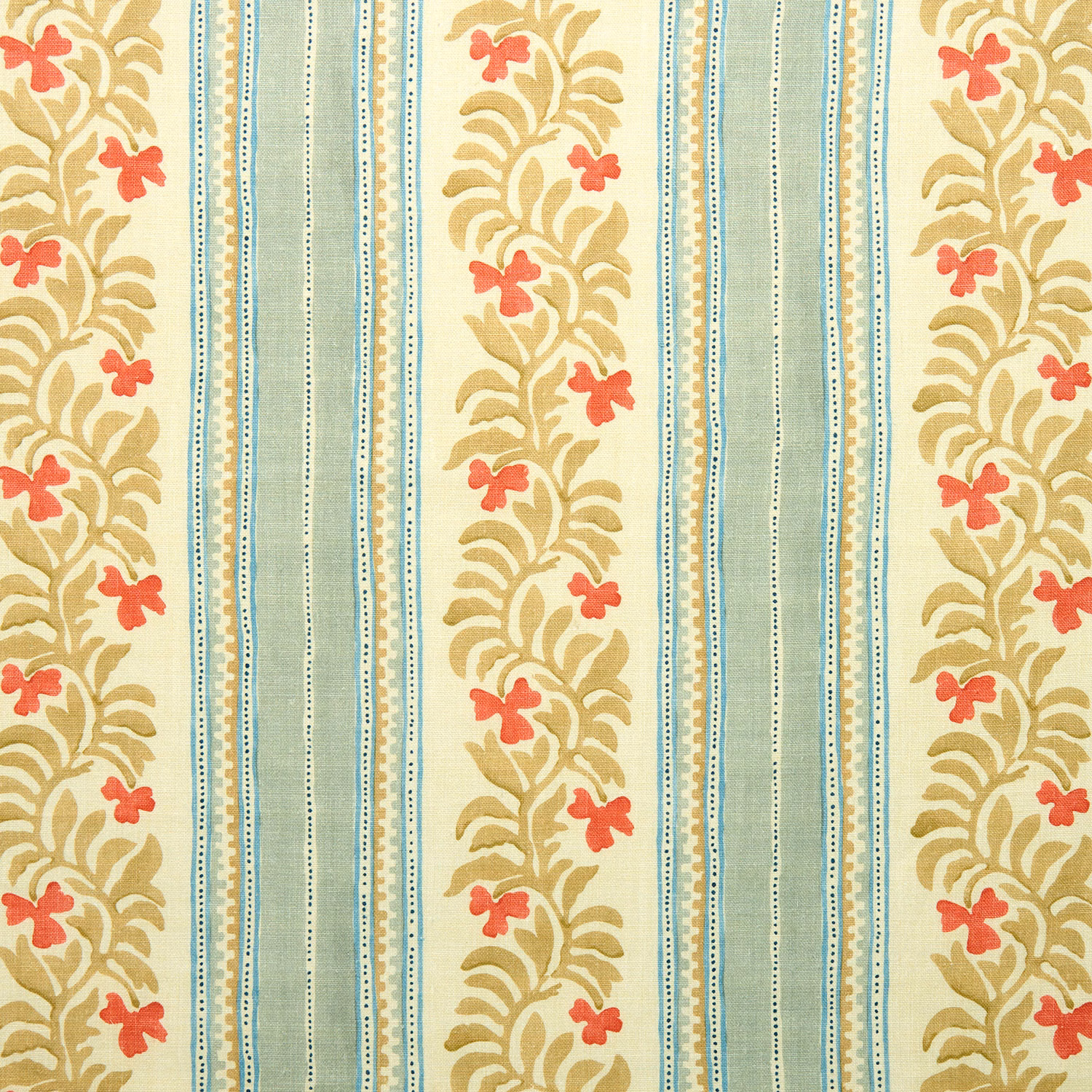 Pale aqua striped fabric with gold leaf motifs and coral flower accents