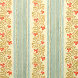 Pale aqua striped fabric with gold leaf motifs and coral flower accents
