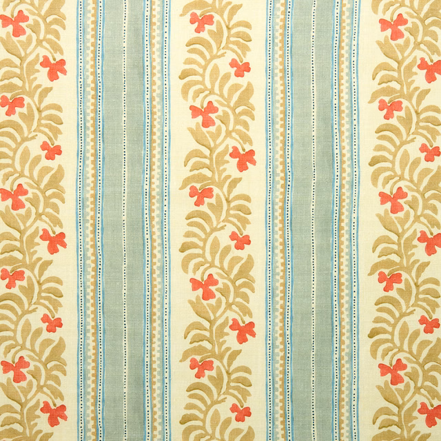 Pale aqua striped fabric with gold leaf motifs and coral flower accents