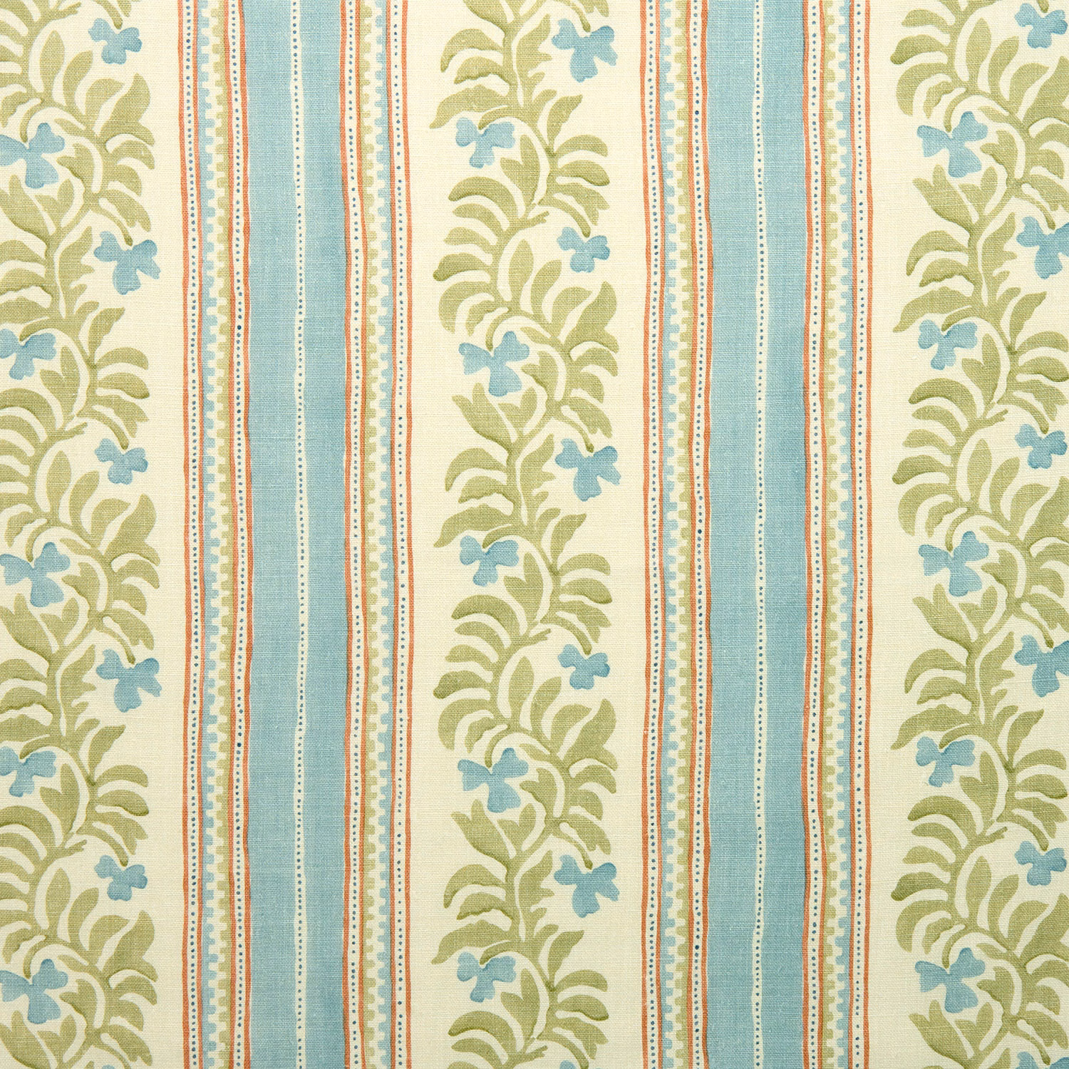 Cream fabric swatch with vertical spring-green foliage stripes and aqua bands