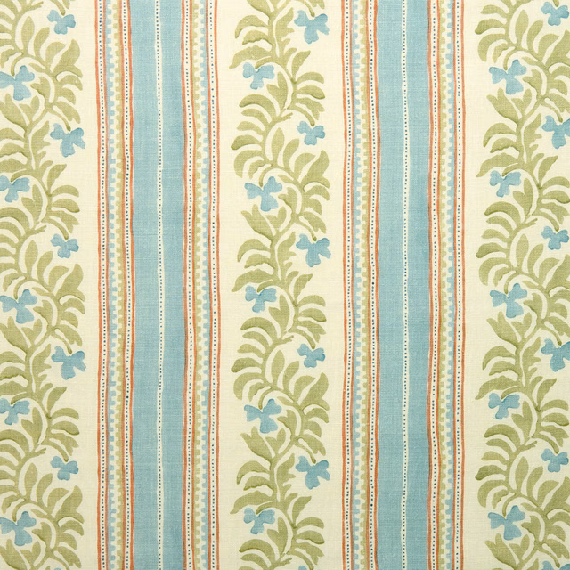 Cream fabric swatch with vertical spring-green foliage stripes and aqua bands