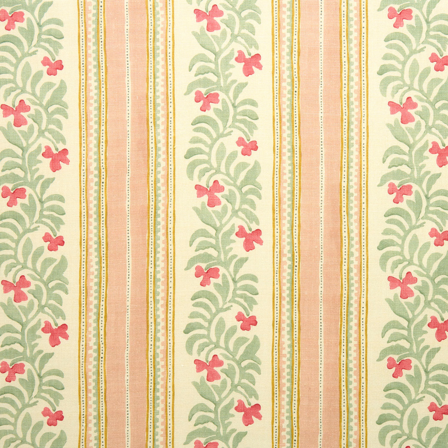 Blush and cream striped fabric with sage leafy sprigs and pink floral motifs