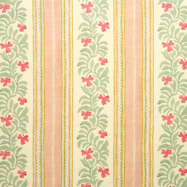 Blush and cream striped fabric with sage leafy sprigs and pink floral motifs
