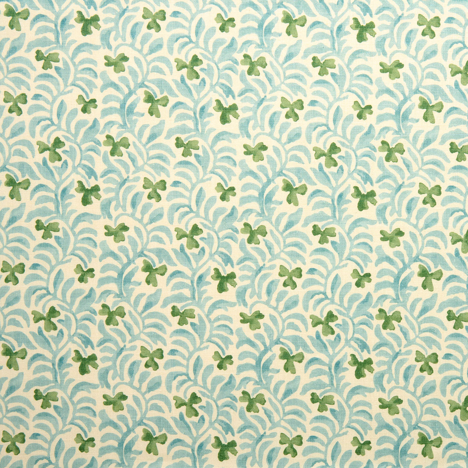 Aqua teal botanical print with small green leaf motifs on a cream ground