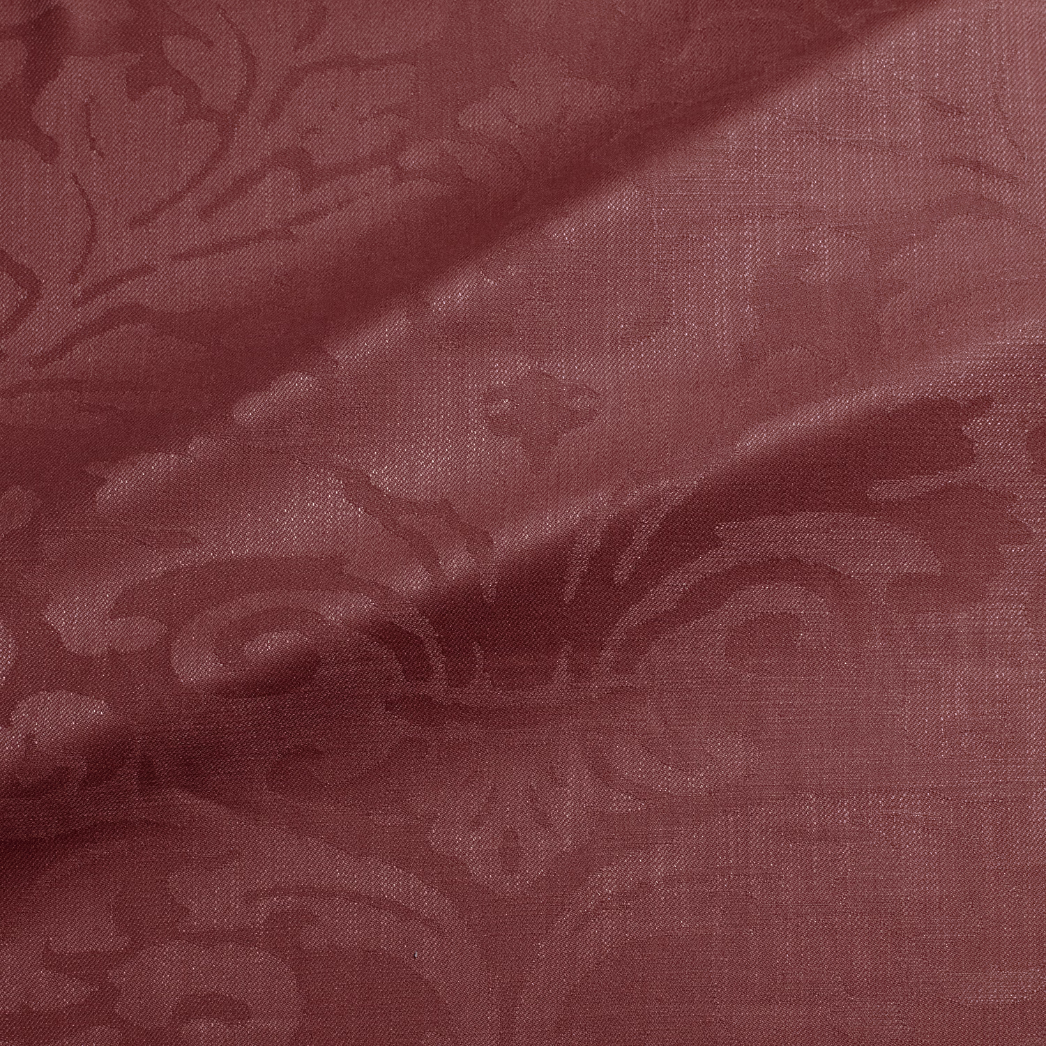 Muted damson damask with tonal scrolling motifs and a fine woven texture