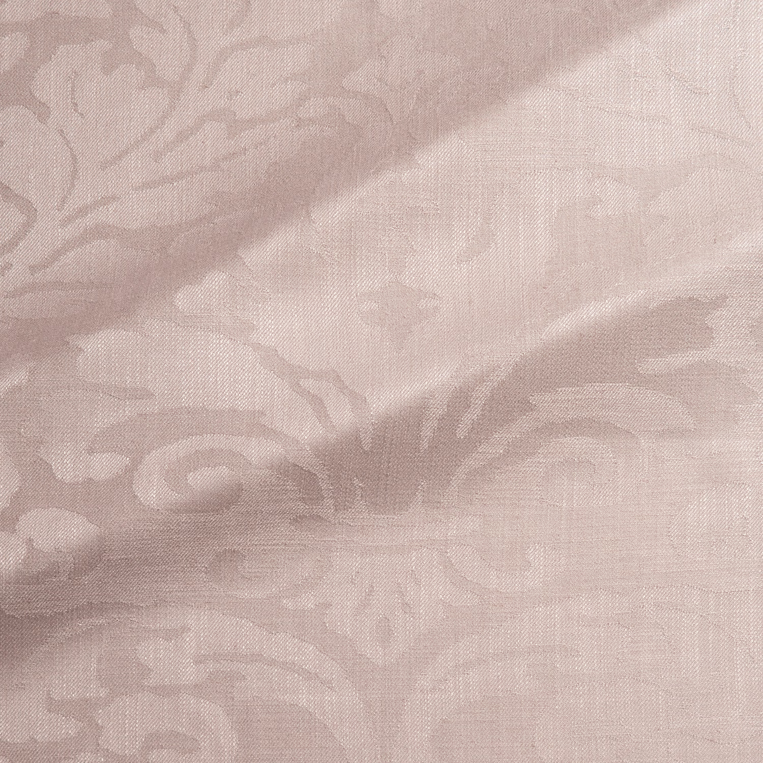 Pale dusky pink woven damask with taupe scrolling motifs and fine crosshatch texture