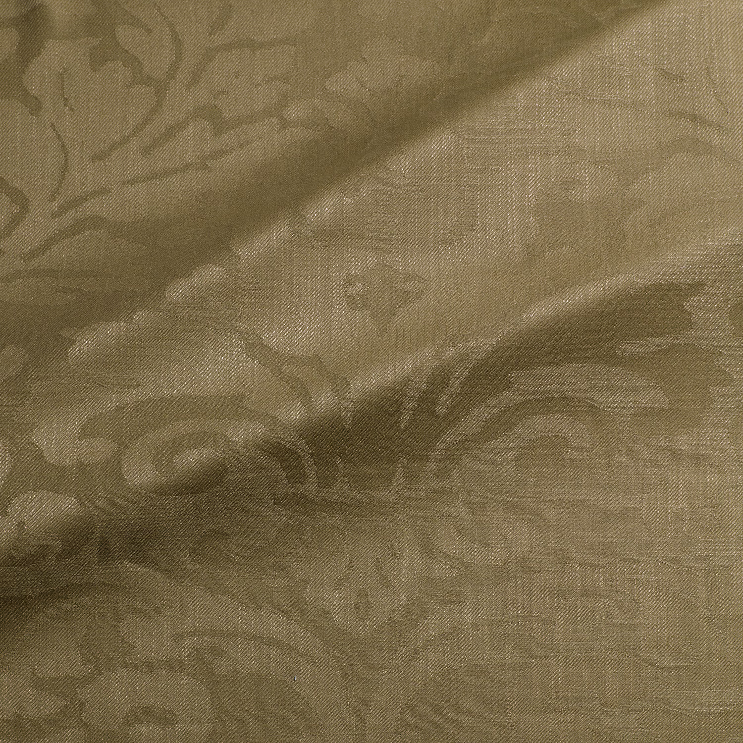 Warm fudge-brown damask with tonal tan scrolls and visible woven grain