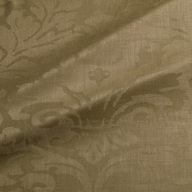 Warm fudge-brown damask with tonal tan scrolls and visible woven grain