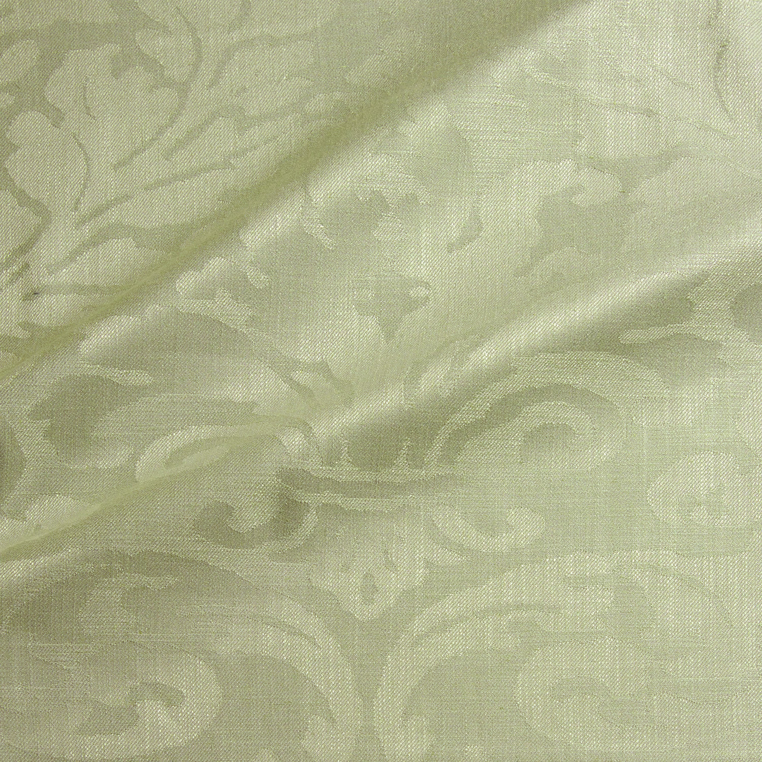 Pale sage green woven damask with scrolling leaves and a soft linen-like texture