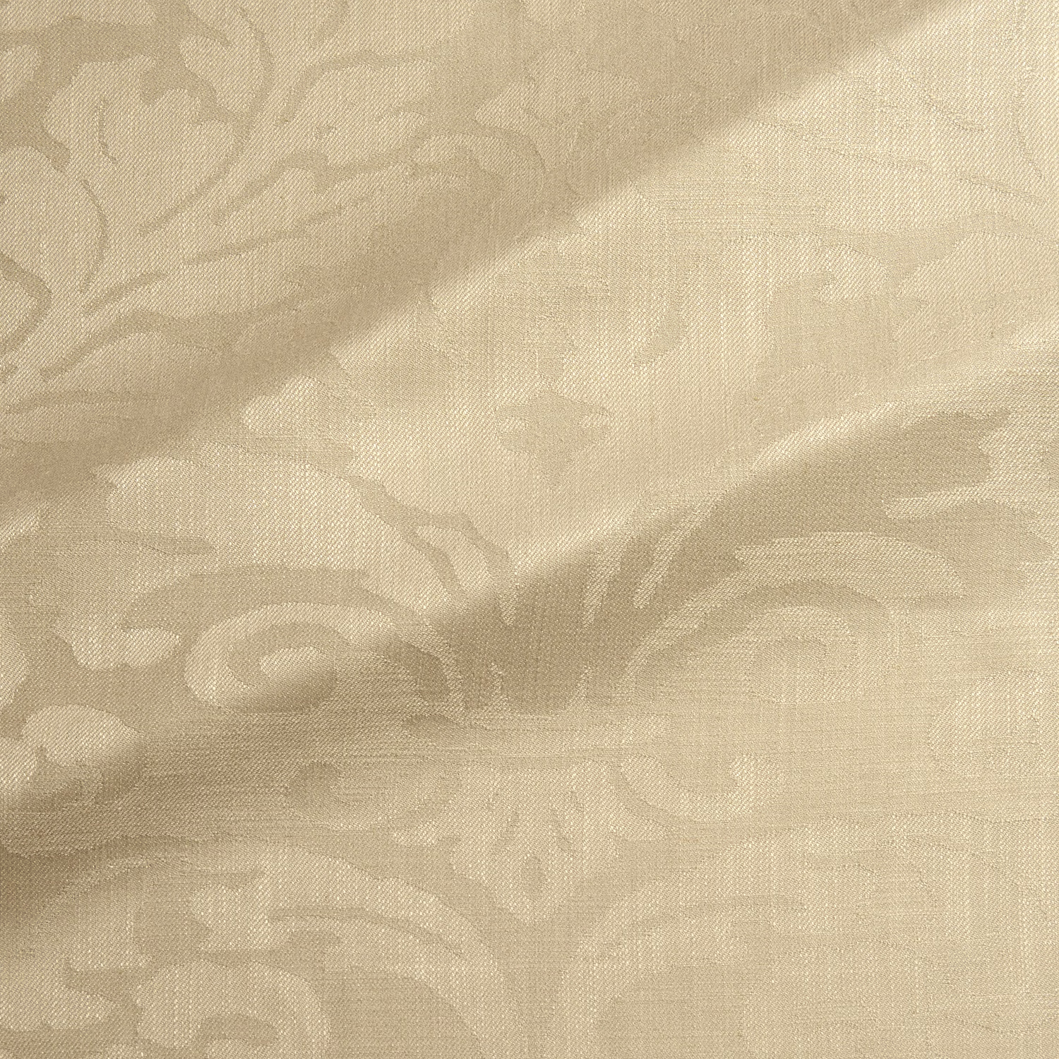 Soft maize-gold damask weave with scrolling foliage and gentle surface sheen