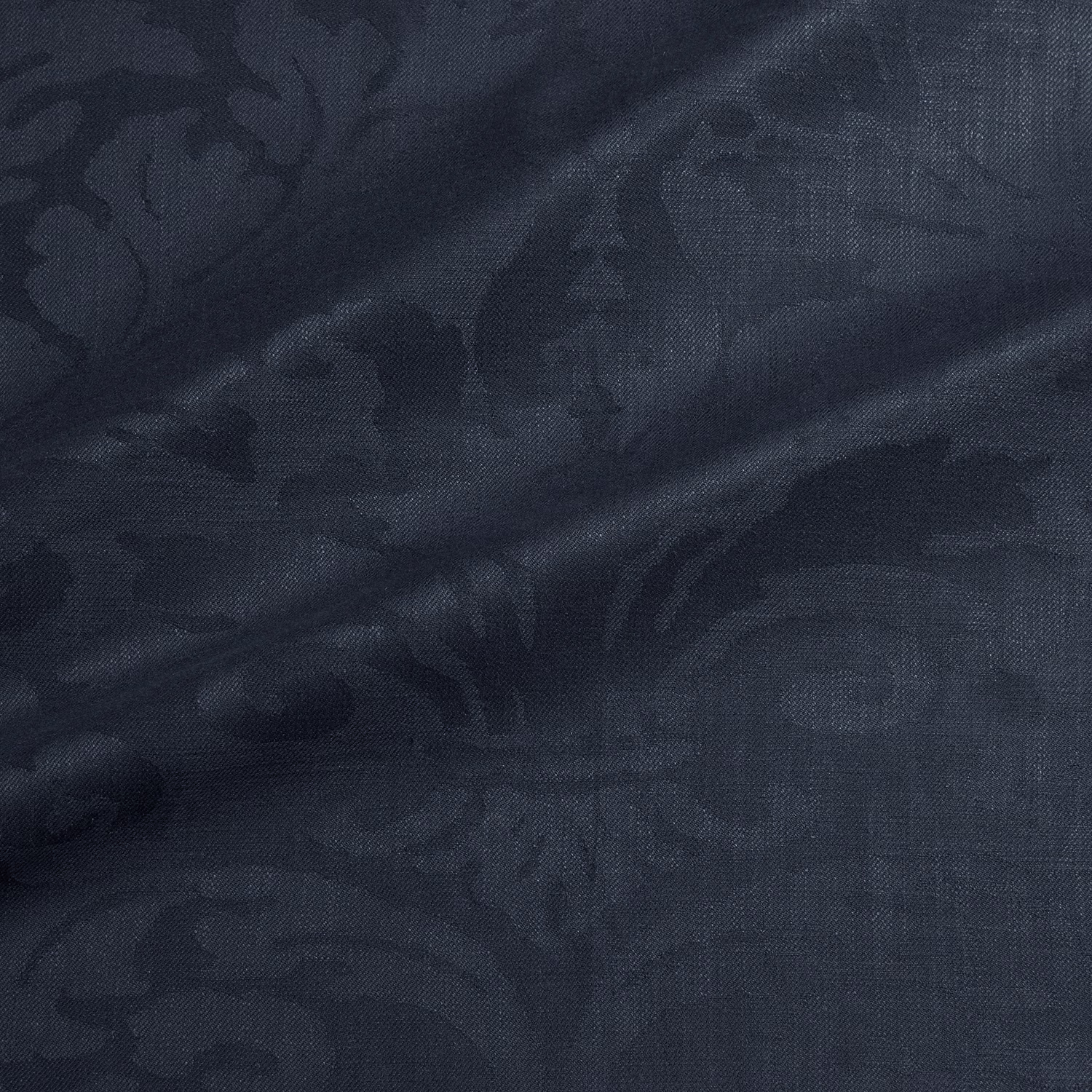 Deep midnight blue woven damask with tonal scrolling leaves and fine crosshatch texture