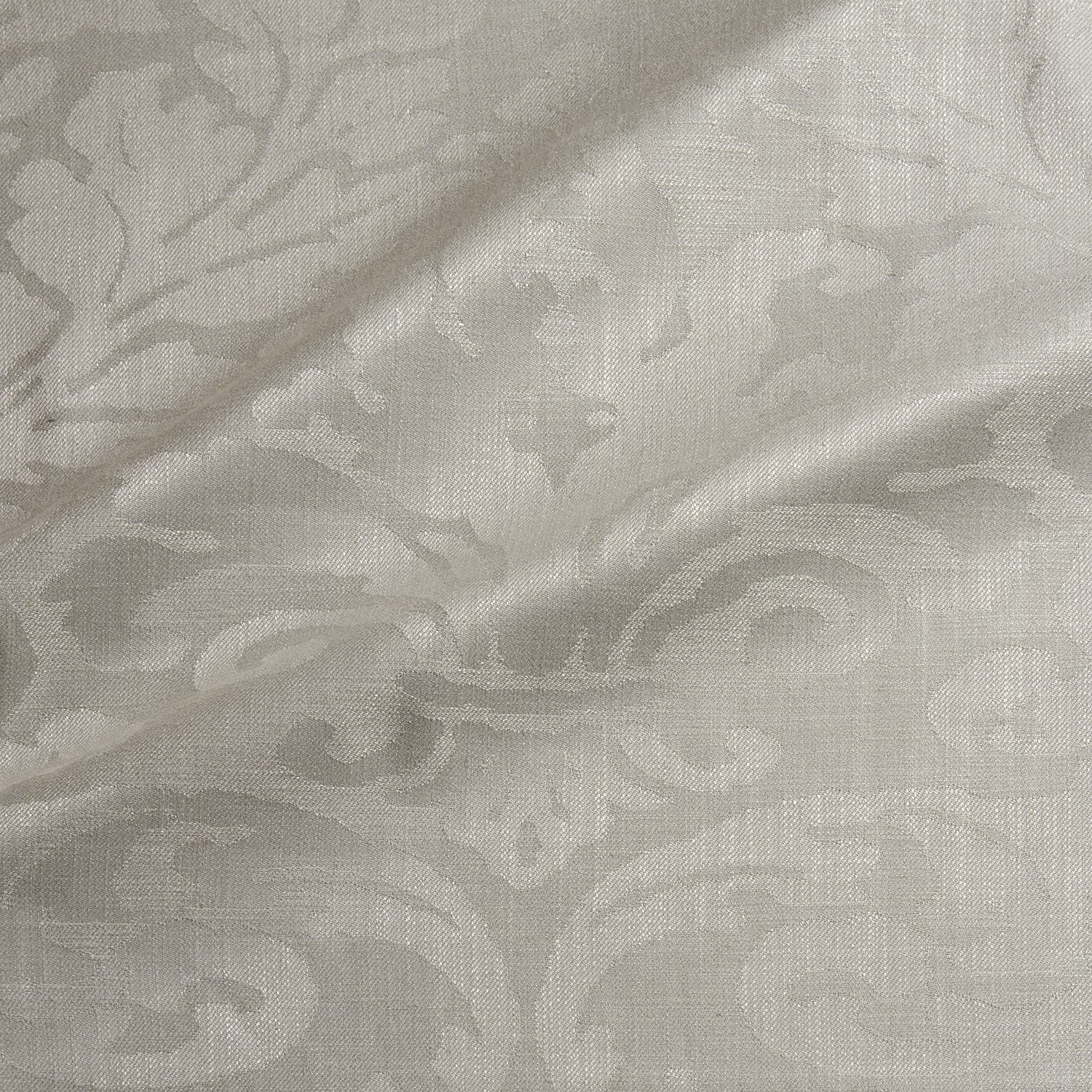 Pale mushroom taupe woven damask with scrolling leaves and subtle tonal texture