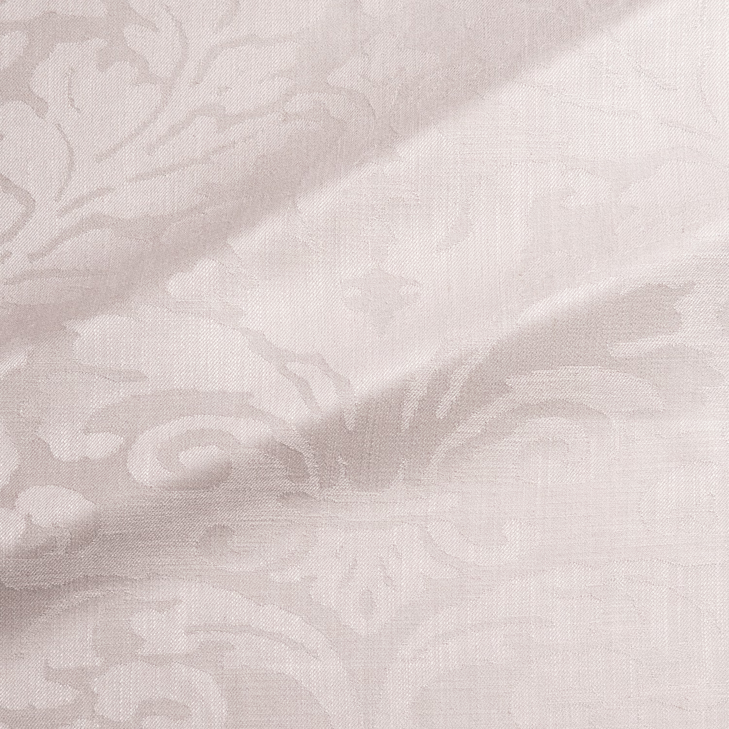 Pale pink taupe damask with scrolling floral motifs and a fine woven texture