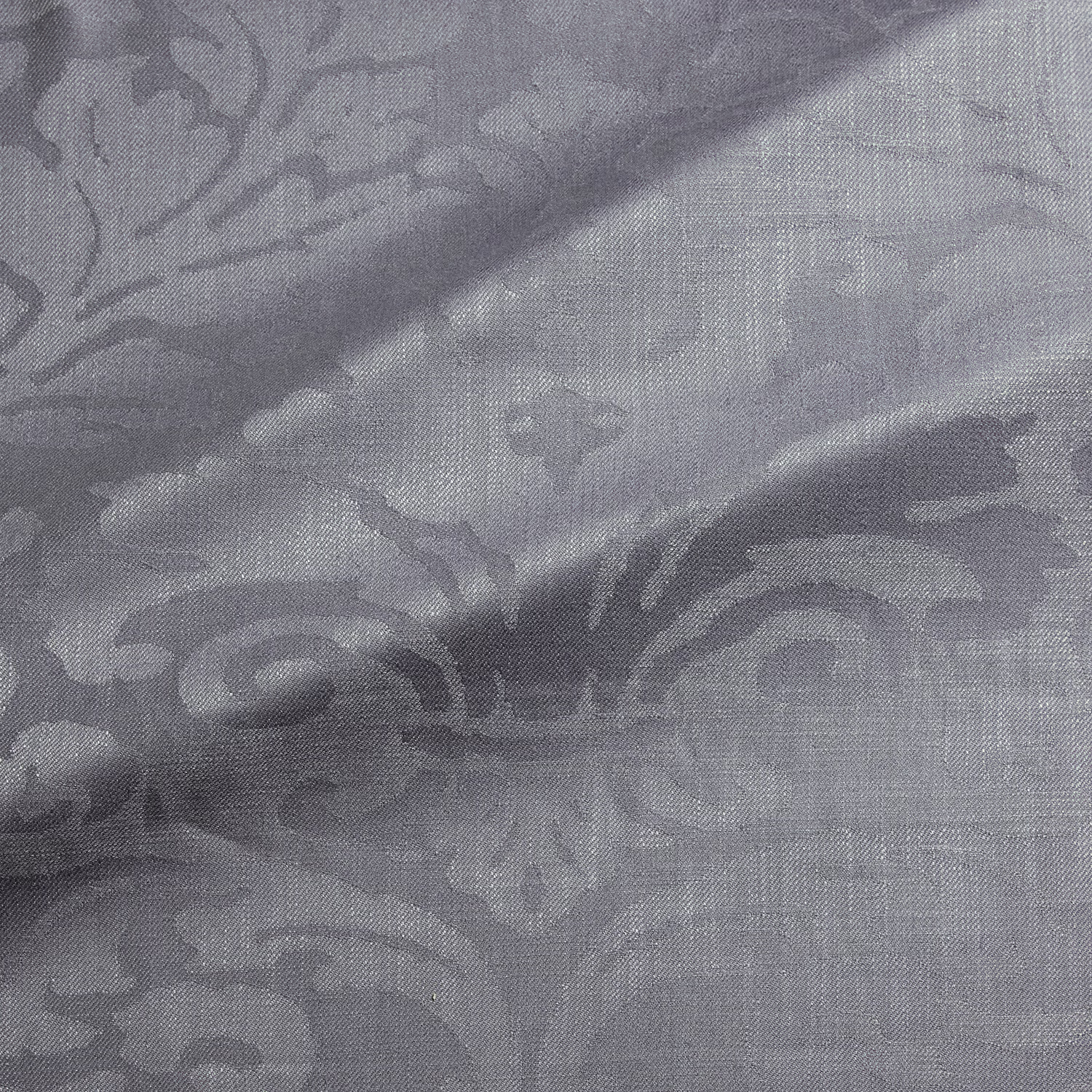 Cool pigeon-grey woven damask with darker scrolling motifs and soft tonal sheen