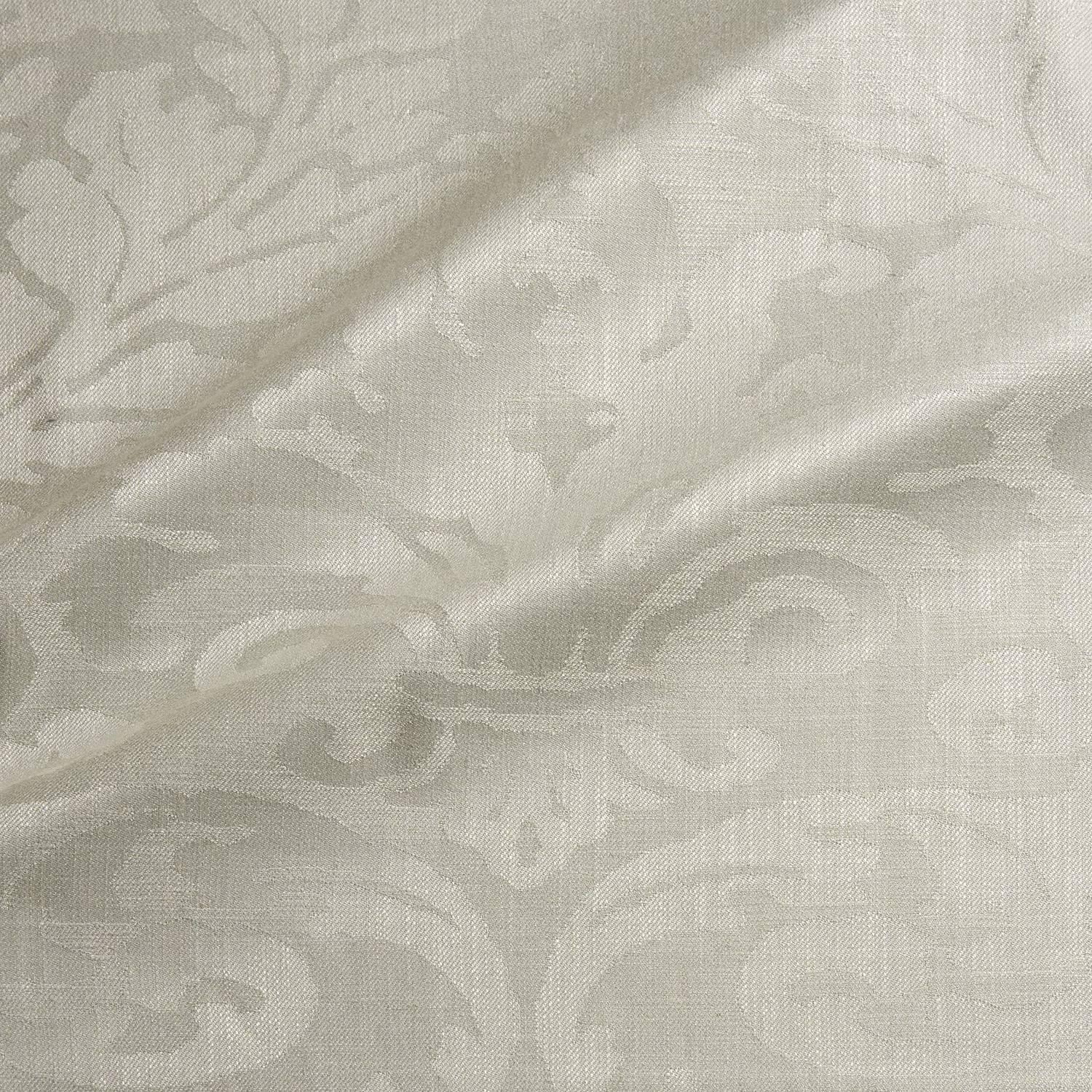Pale greige-cream woven damask with scrolling leaves and subtle sheen