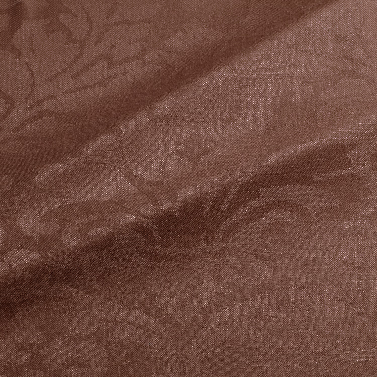 Muted rosewood-brown woven damask with scrolling floral motifs and tactile texture