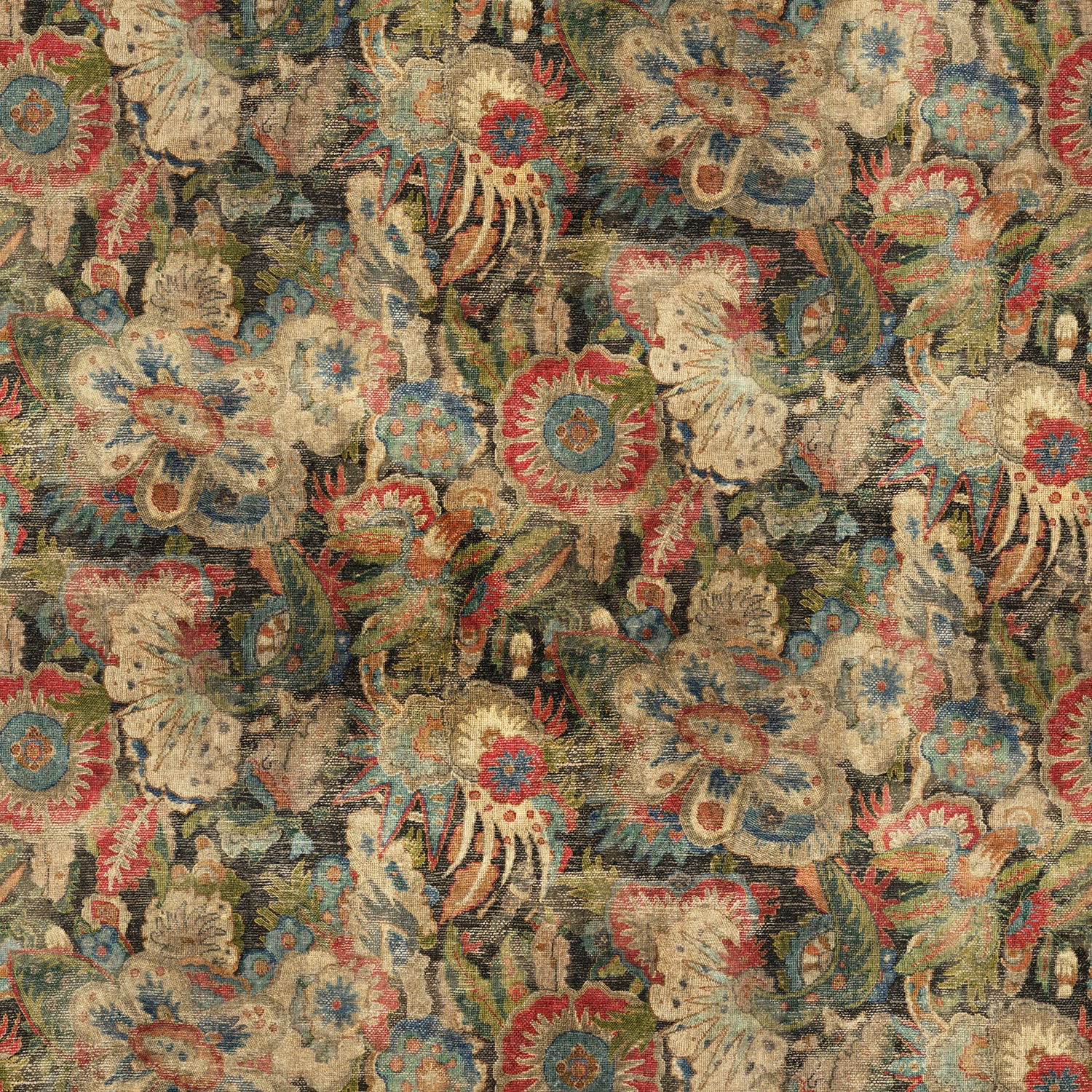 Muted teal, coral and cream floral-paisley motifs in a nubby woven ground