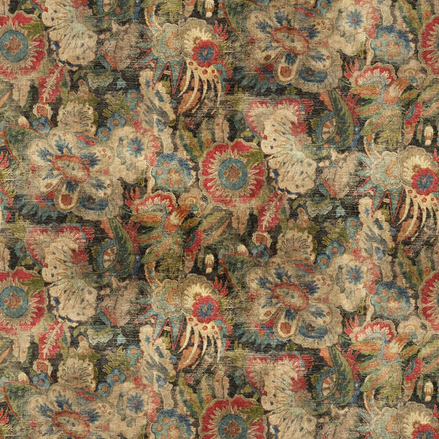 Muted teal, coral and cream floral-paisley motifs in a nubby woven ground