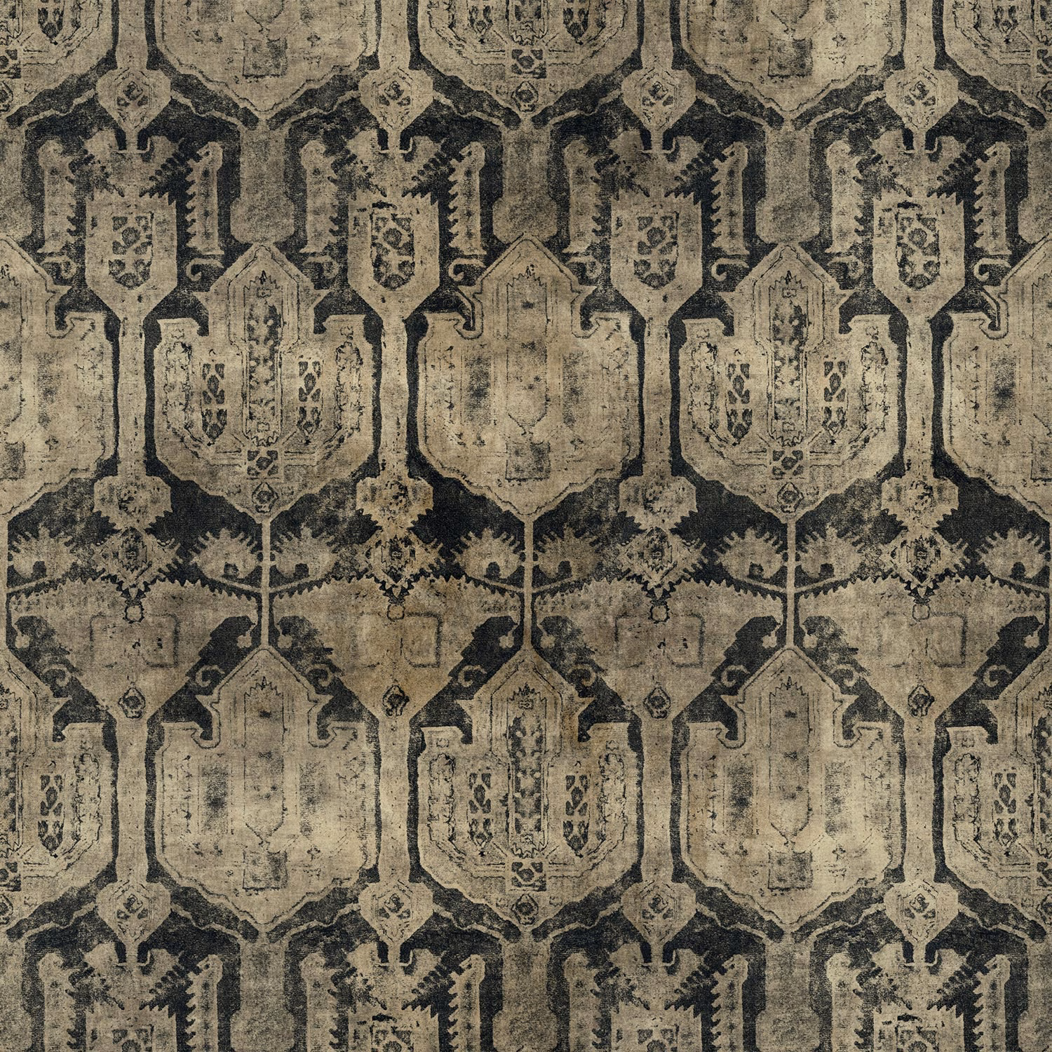 Weathered taupe and charcoal textile with repeating shield motifs and distressed surface texture