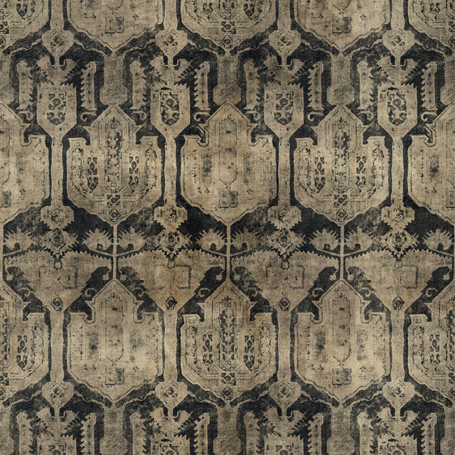 Weathered taupe and charcoal textile with repeating shield motifs and distressed surface texture