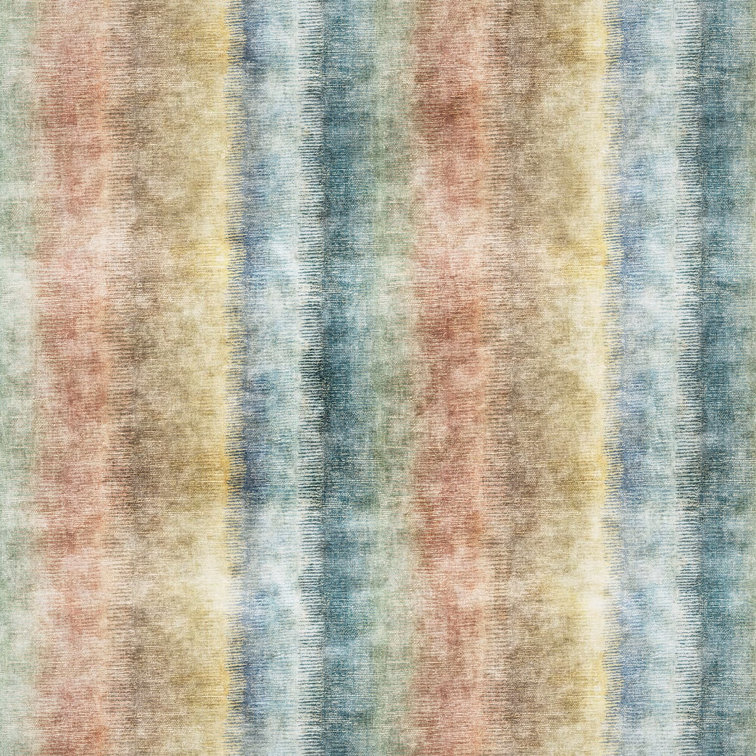 Muted blue, cream, rose and ochre vertical stripes in a nubby woven texture