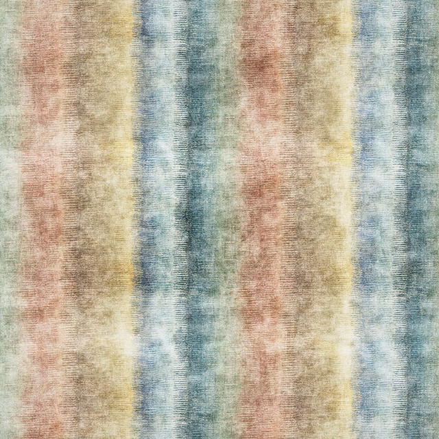 Muted blue, cream, rose and ochre vertical stripes in a nubby woven texture