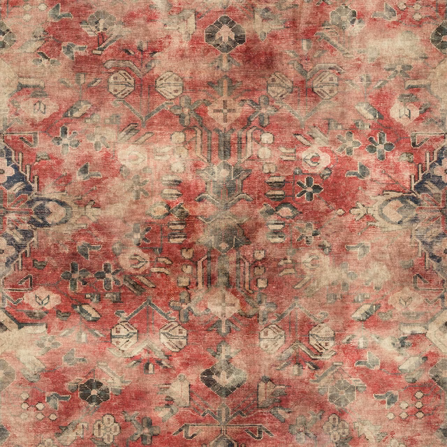 Muted brick-red textile with faded geometric motifs and softly distressed woven texture