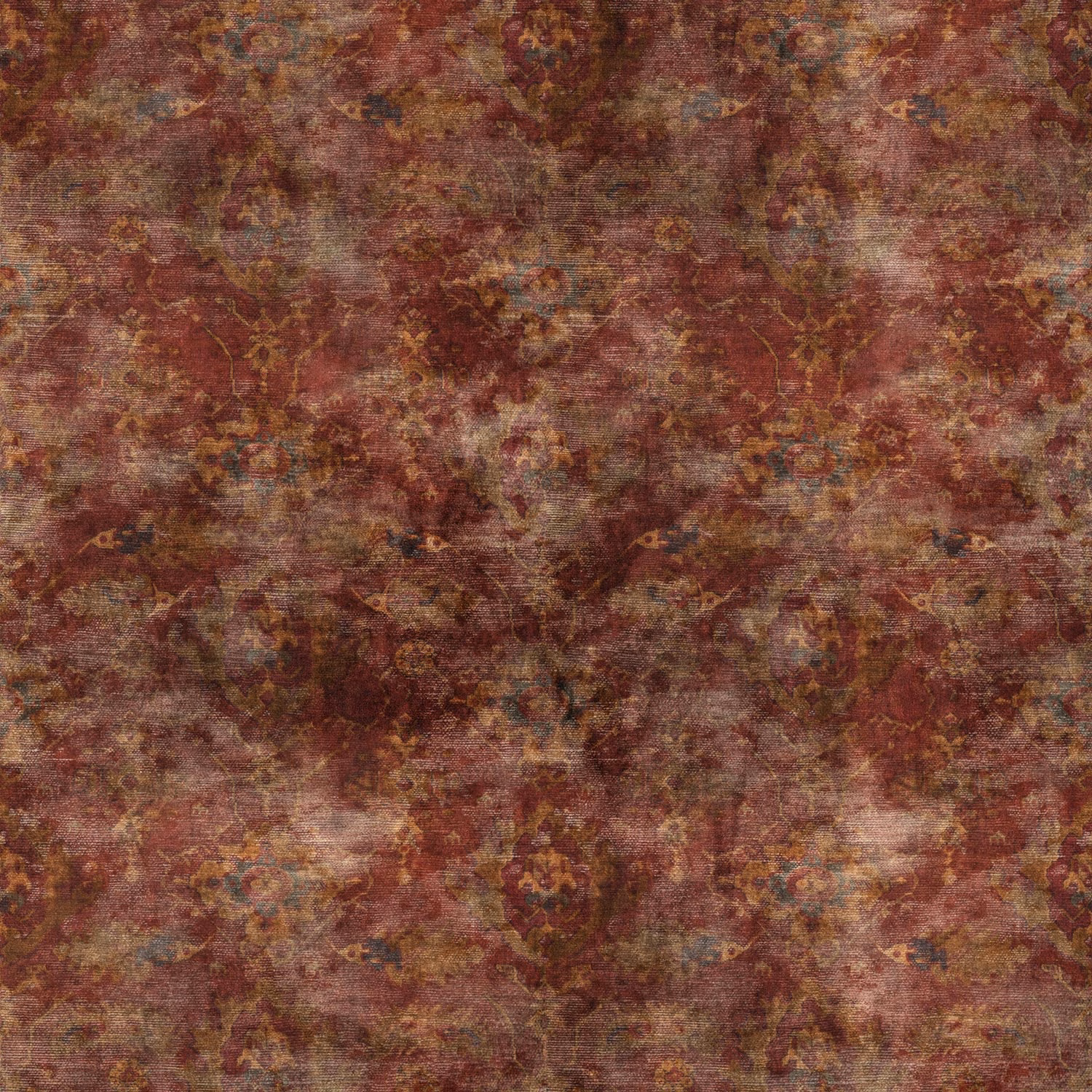 Muted burgundy fabric with distressed floral medallions, rust, ochre and blue woven texture