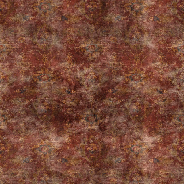 Muted burgundy fabric with distressed floral medallions, rust, ochre and blue woven texture