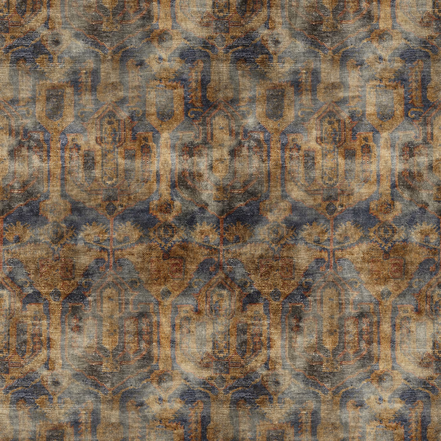 Textured blue textile with muted ochre, taupe and brown ornamental motifs