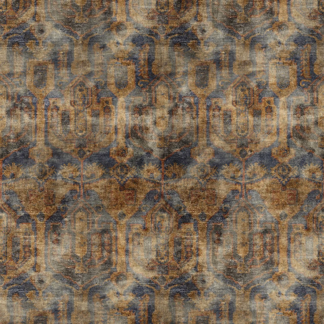 Textured blue textile with muted ochre, taupe and brown ornamental motifs