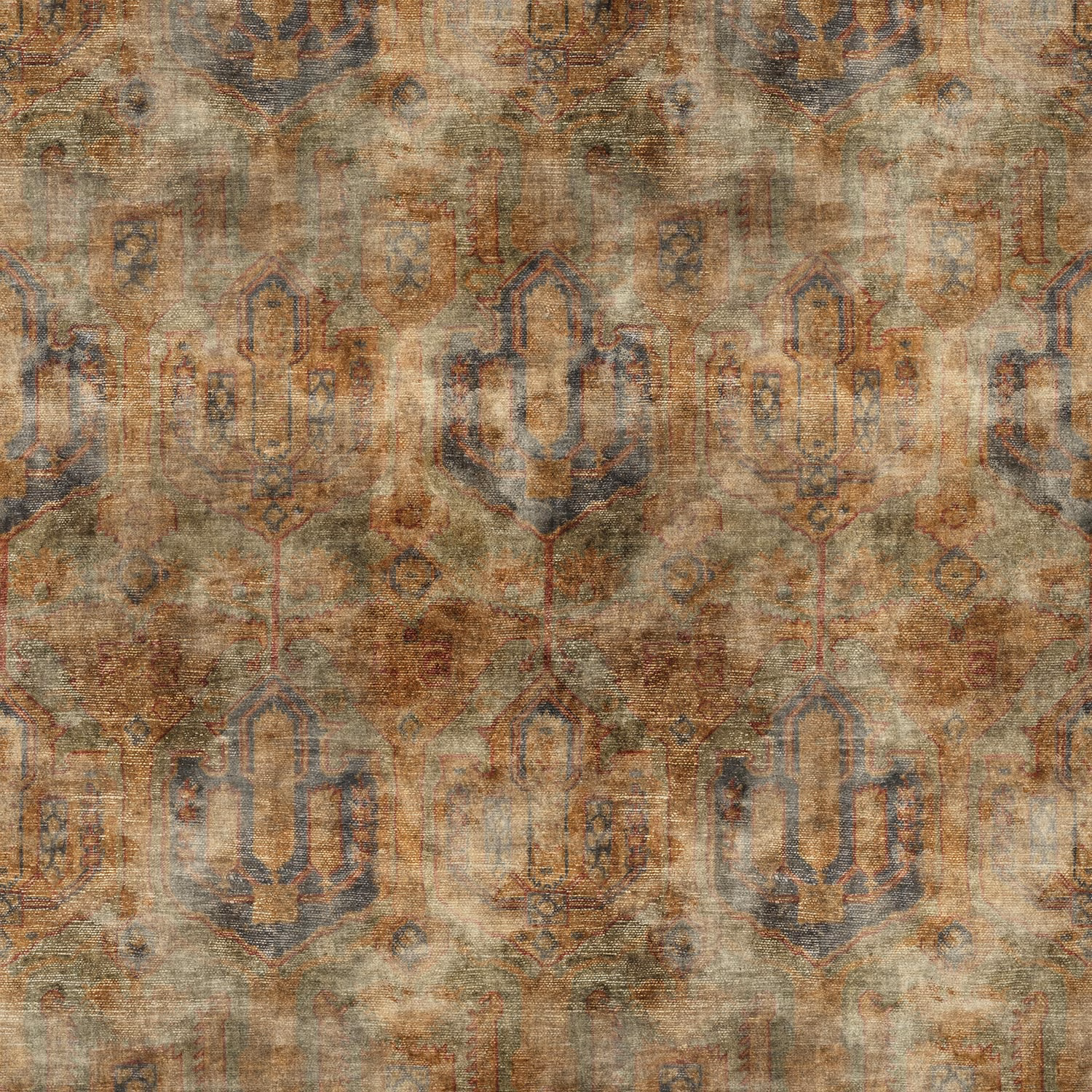 Weathered green woven fabric with rust and blue-grey distressed architectural motifs