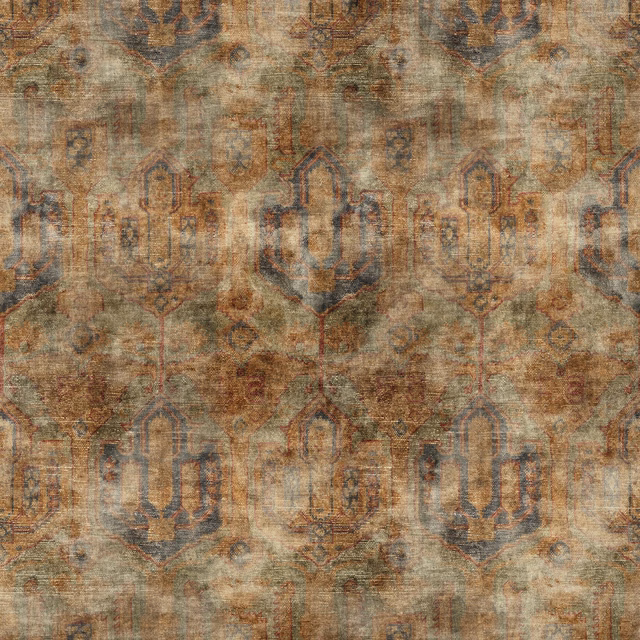 Weathered green woven fabric with rust and blue-grey distressed architectural motifs