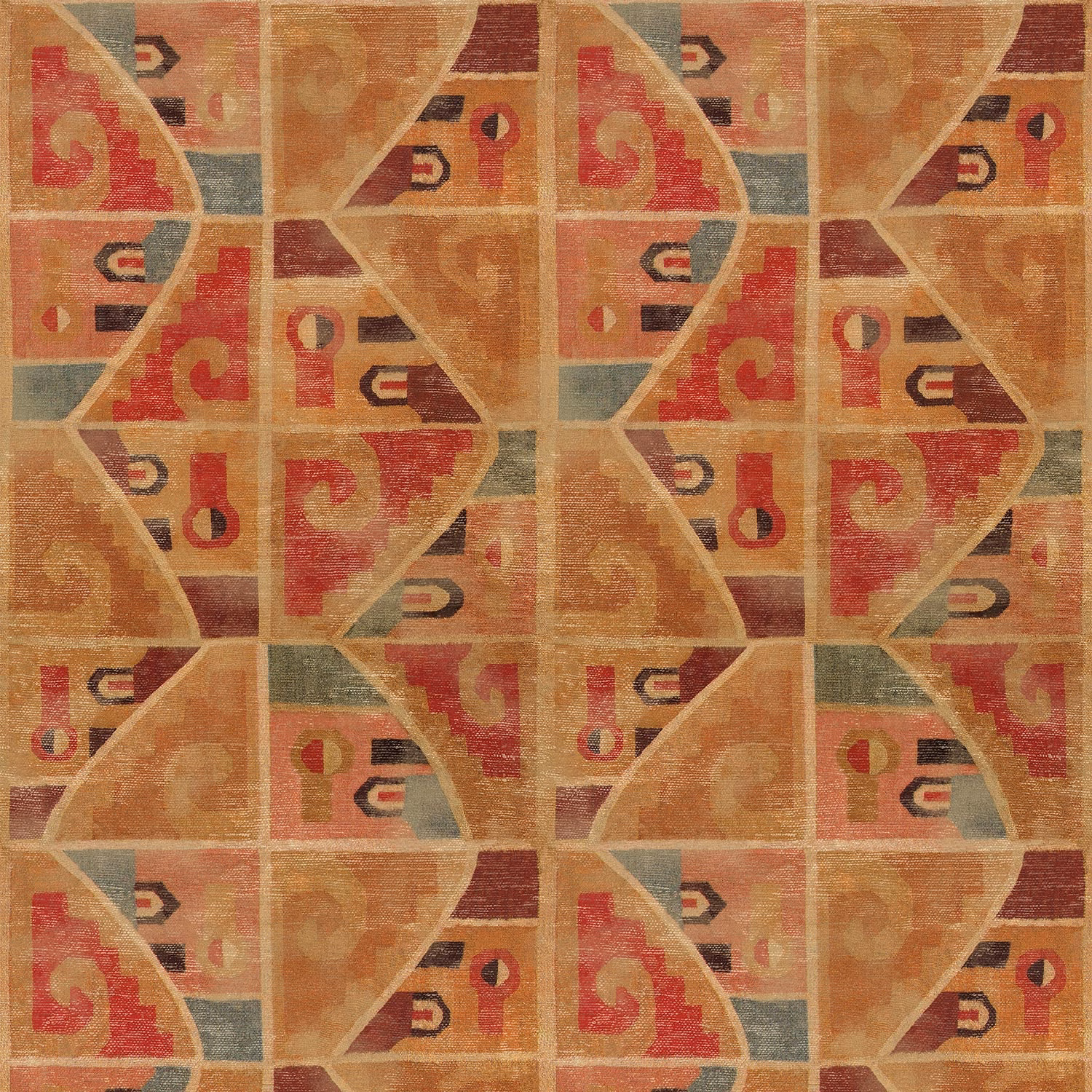 Terracotta and ochre geometric textile with muted blue-grey panels and tactile horizontal weave