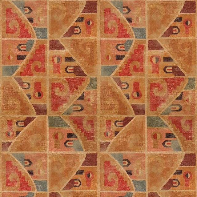 Terracotta and ochre geometric textile with muted blue-grey panels and tactile horizontal weave