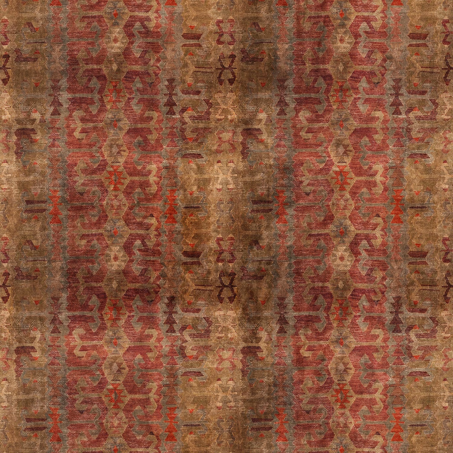 Weathered taupe fabric with repeating muted red geometric bands and distressed woven texture