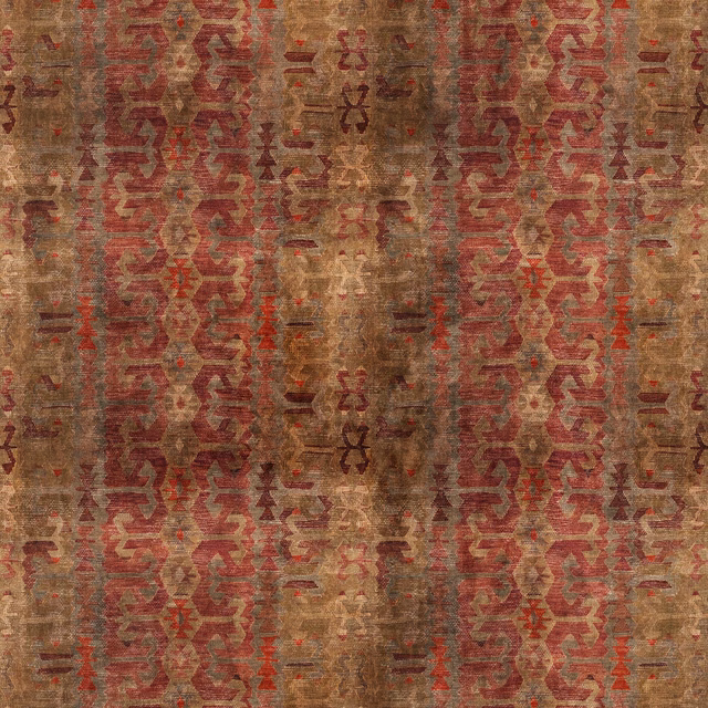 Weathered taupe fabric with repeating muted red geometric bands and distressed woven texture