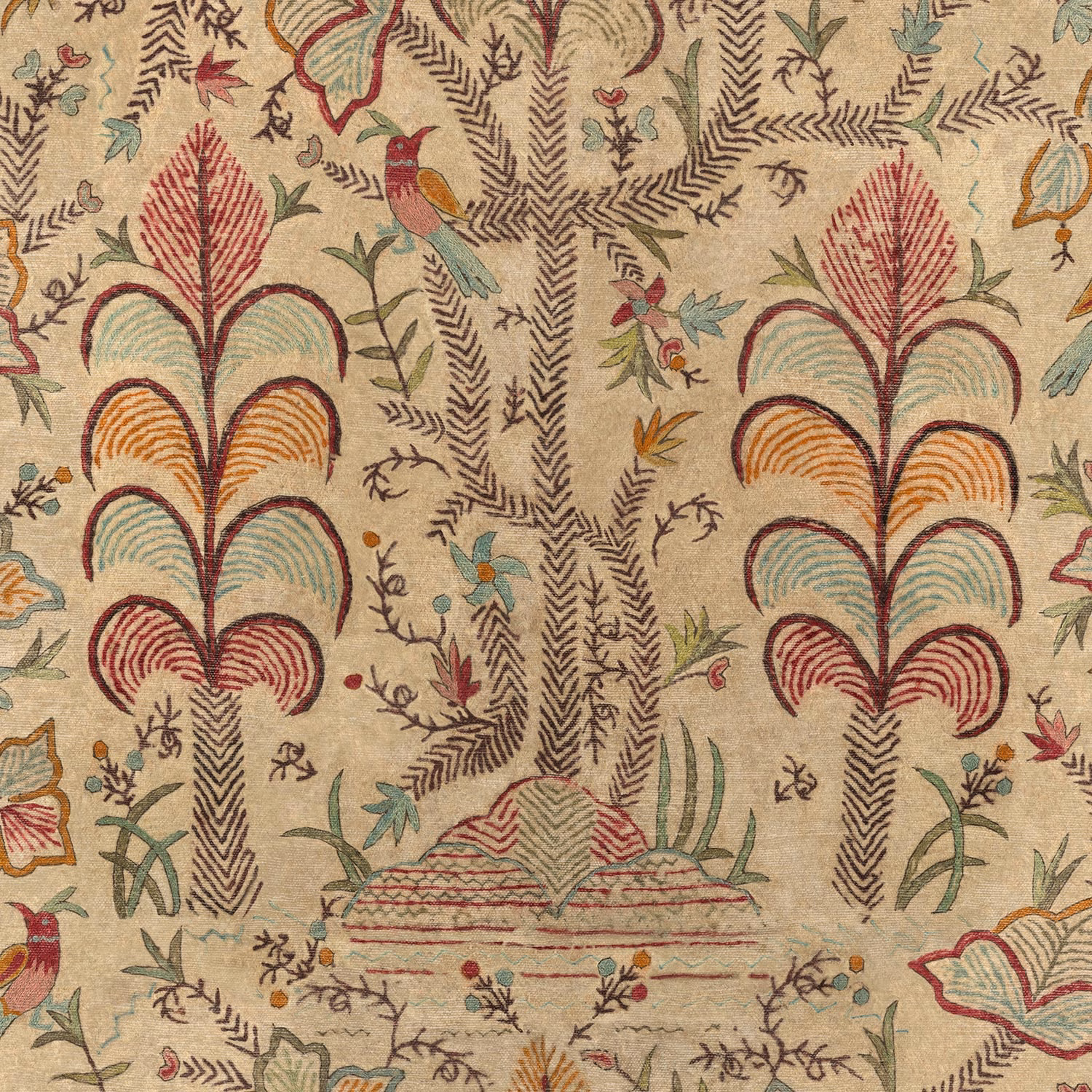 Warm ivory cloth with burgundy fan trees, birds, foliage and fine grain