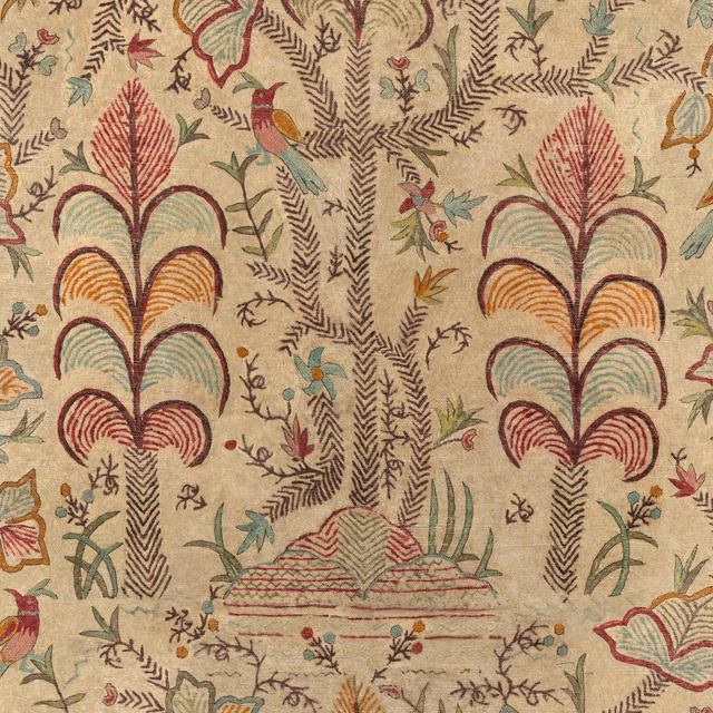 Warm ivory cloth with burgundy fan trees, birds, foliage and fine grain