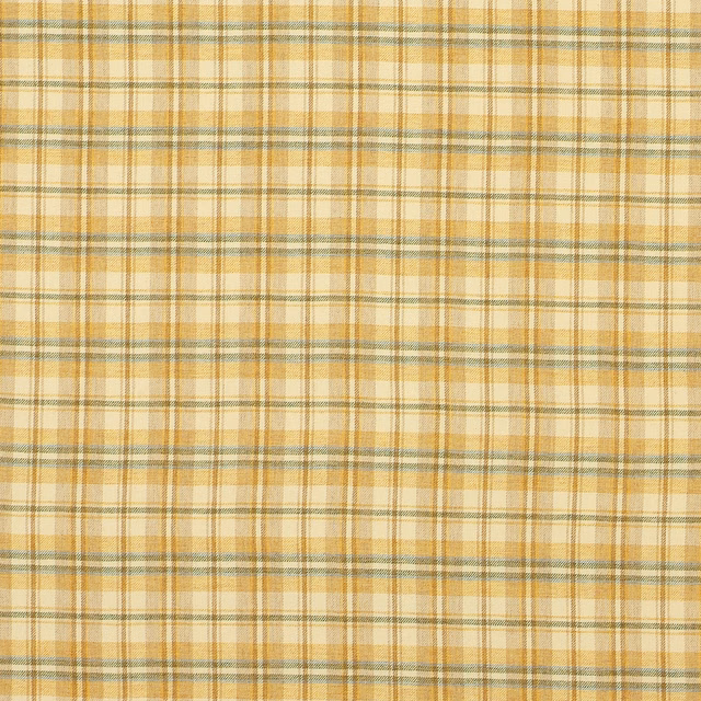Warm cream plaid fabric with ochre and blue-grey woven checks