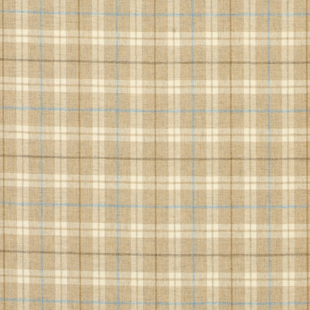 Warm beige plaid fabric with pale blue, cream and taupe woven checks