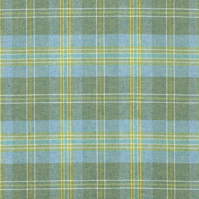 Muted sage and blue plaid with fine mustard and white woven lines
